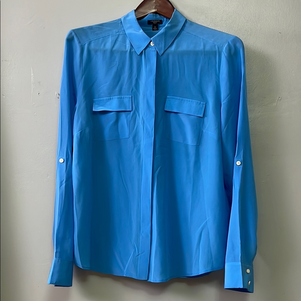 Silk Ann Taylor Blue Button Down Shirt Relaxed Fit